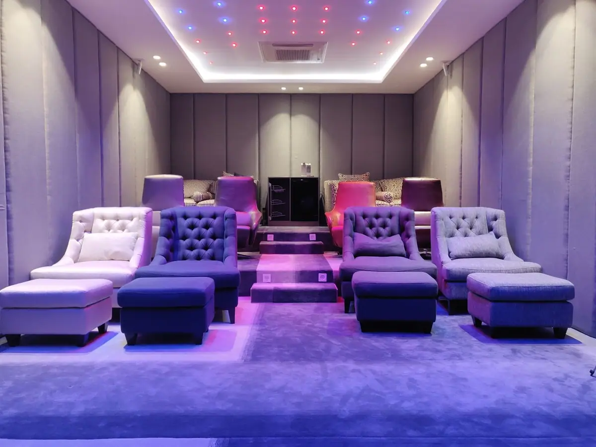 Home theatre with tiered lounge seating