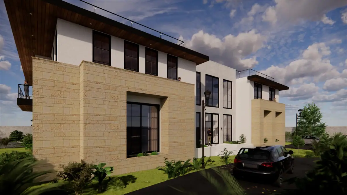 Walkthrough render of the proposed VIP guesthouse: stone-clad wings under deep timber-lined roof planes