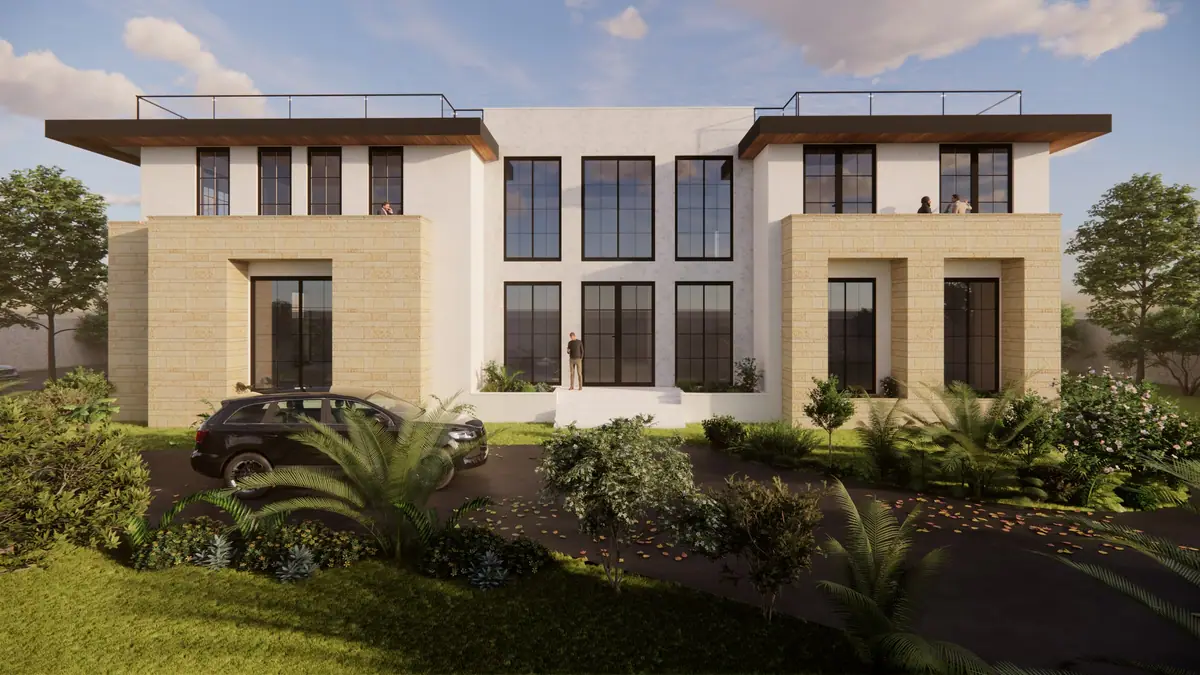 Front of the proposed VIP guesthouse: two stone-clad wings either side of a recessed white entrance block, under deep timber-lined roof planes