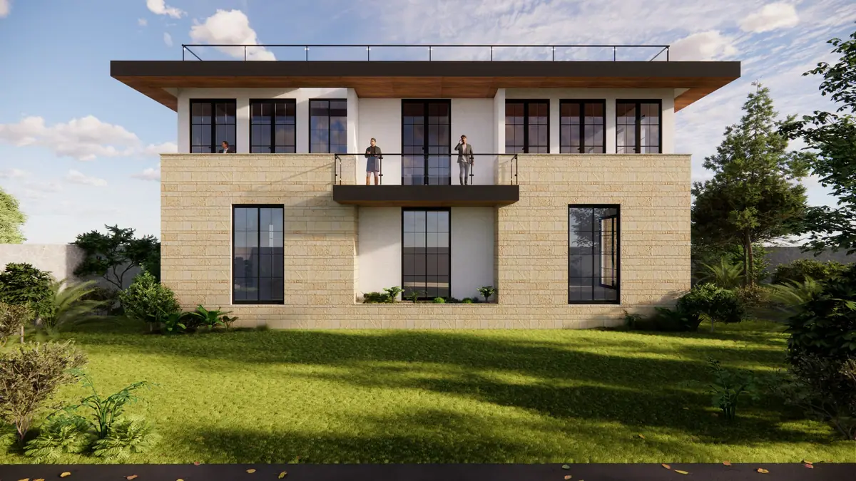 Rear elevation over the lawn, with a central balcony between the stone-clad bays