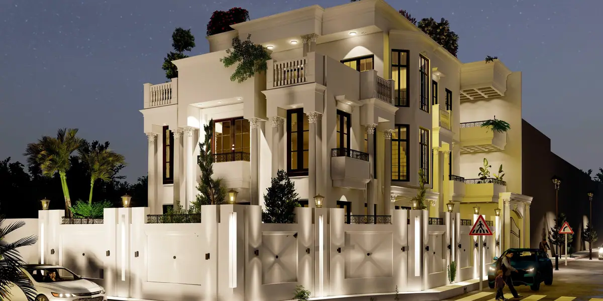 Neoclassical Iraqi Residence with Corinthian columns, lit at night