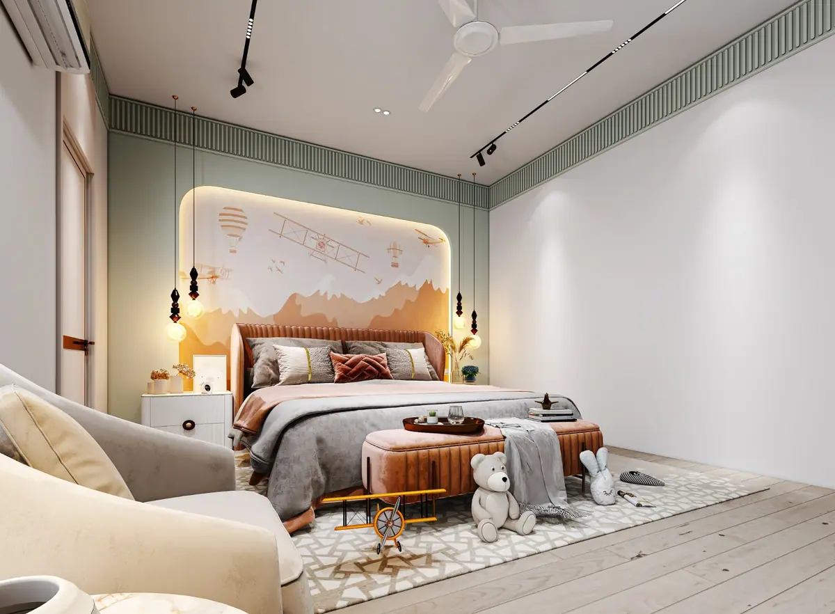 Child’s bedroom from beside the armchair: rust velvet bed and bench, toy biplane and the lit mural panel