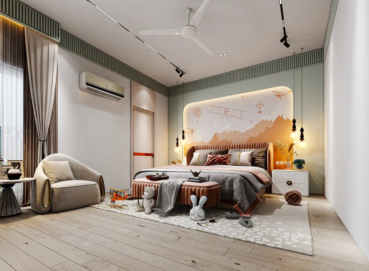 Child’s bedroom seen from the window, with an armchair, pendants and the aeroplane mural