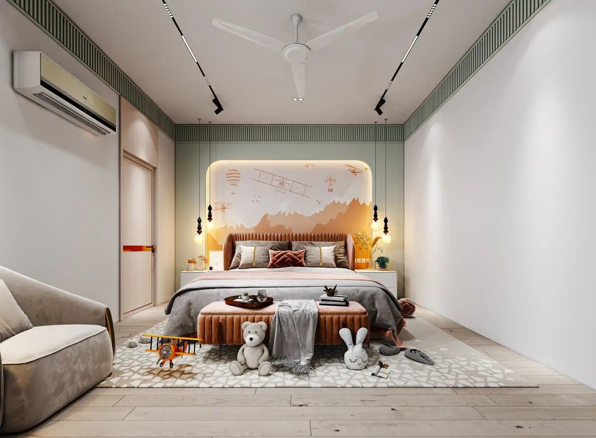 Child’s bedroom with a painted aeroplane and mountain mural behind a rust velvet bed