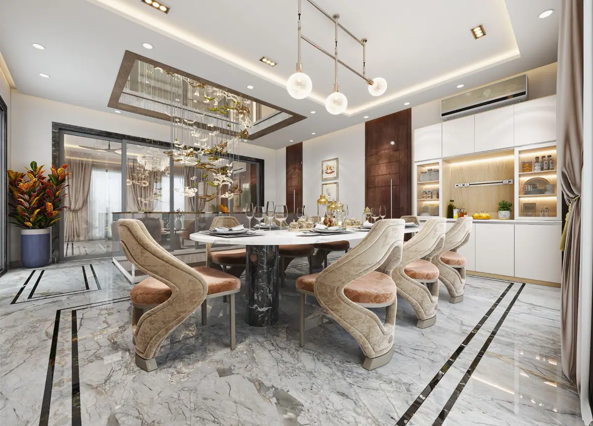 Dining room with sculpted velvet chairs, a marble table and a cascading bird chandelier in a mirrored ceiling recess