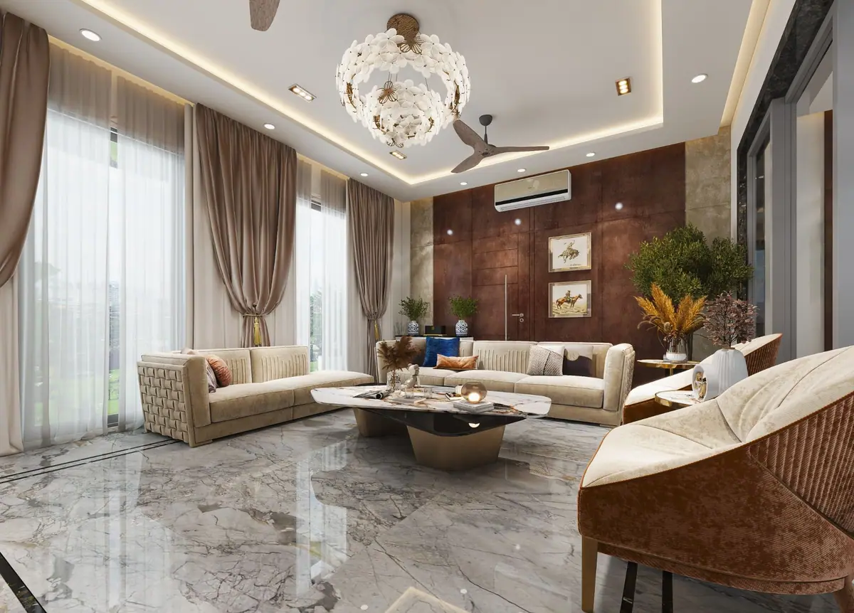 Living room at Naseem Residence with cream sofas, a flower chandelier and a grey marble floor