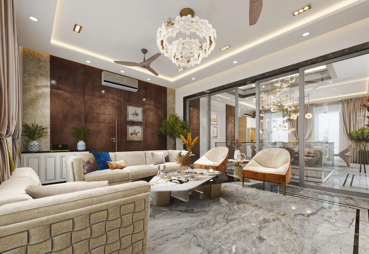 Living room seen towards the glass partition, with the dining room and its bird chandelier beyond