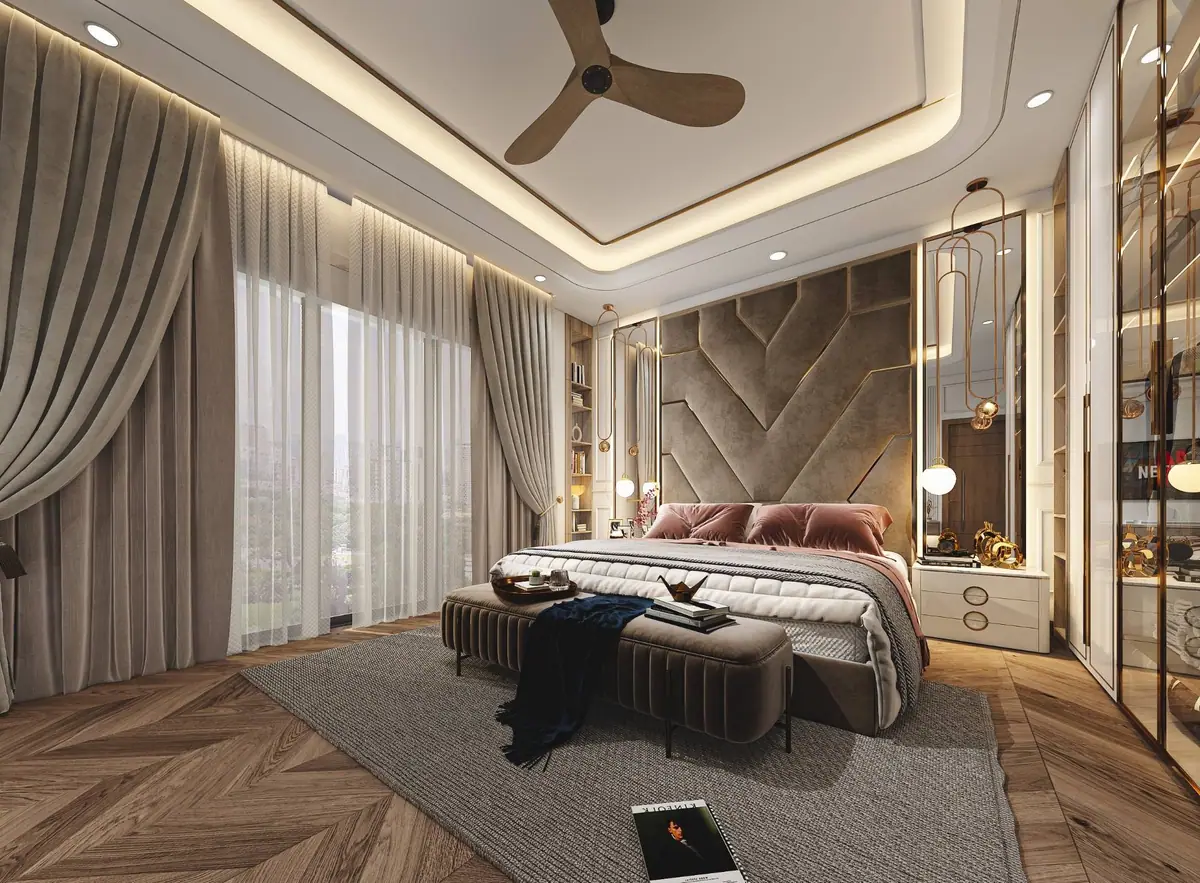 Master bedroom towards the full-height curtained windows, under a lit tray ceiling