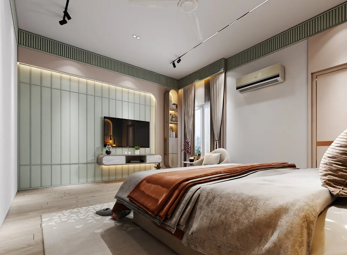Sage and blush bedroom with a fluted cornice, a panelled TV wall and an arched lit bookshelf