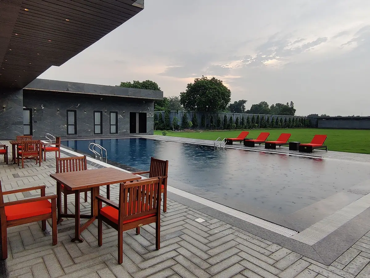 Pool, loungers and dining chairs looking over the lawn