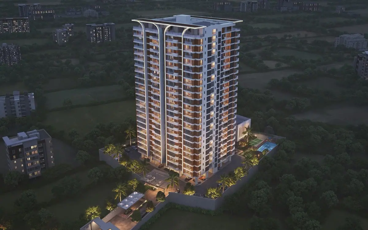 Aerial night view of the Shree Krishna Ratan Apartment tower