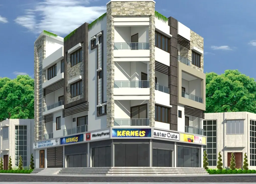 Render of a corner mixed-use building with shops at ground floor